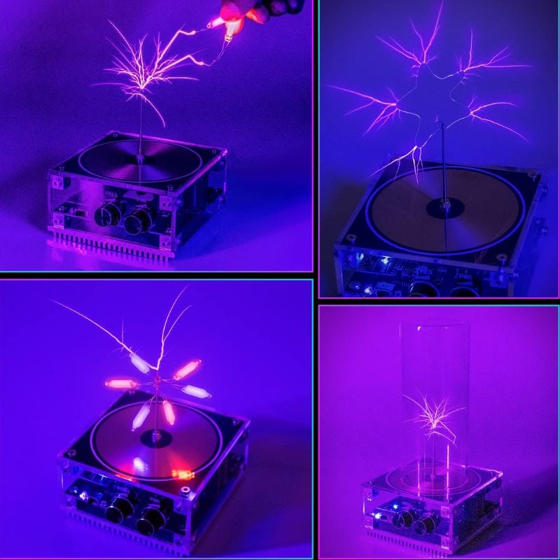 Éclairs de plasma colorés sur platine DJ, expérience scientifique visuelle et décorative.
