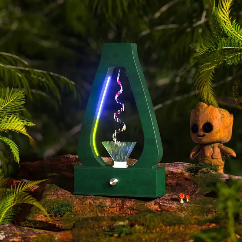 Vase scientifique décoratif avec LED colorée et vapeur, idéal pour décoration de science ou collection.