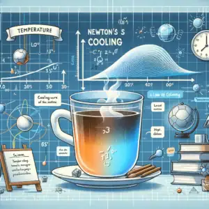 Illustration d'une tasse de café entourée de schémas scientifiques, graphiques et équations sur la thermodynamique, la température et la physique, évoquant la science et la recherche.