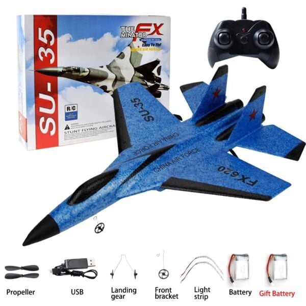 Modèle de fusée télécommandée SU-35 avec ailes en mousse bleue, contrôleur à distance inclus, parfait pour les amateurs de sciences et de modélisme aéronautique.