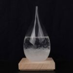Vase en verre transparent contenant un liquide clair, posé sur un socle en bois naturel, mettant en valeur un design élégant et minimaliste.