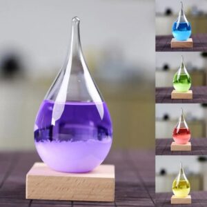 Vase en verre contenant un liquide violet, posé sur une base en bois, illustrant un objet scientifique décoratif.