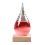 Vase en verre contenant un liquide rouge, posé sur une base en bois, parfait pour la décoration scientifique ou éducative.