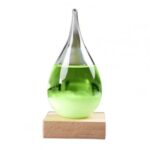 Vase en verre contenant un liquide vert, posé sur une base en bois, idéal pour la décoration scientifique ou éducative.