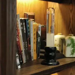 Lampe de laboratoire vintage avec liquide dans un tube à essai, placée sur une étagère en bois avec des livres anciens et des objets décoratifs.