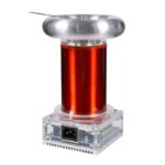 Tesla coil miniature pour démonstration scientifique, avec bobine en cuivre rouge et base en plastique transparent.