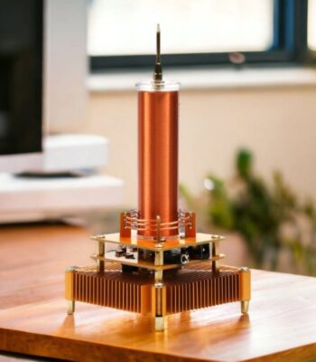 Ampoule de laboratoire en cuivre avec support en bois et composants électroniques pour expériences scientifiques.