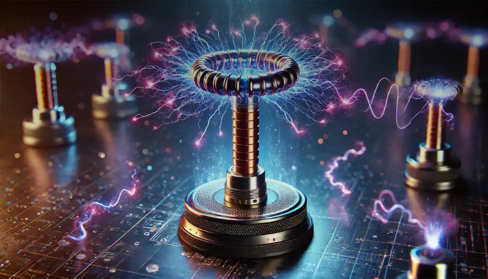 Porte-écrou avec décharges électriques et effets lumineux, illustrant la science et la technologie.