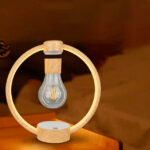 Lampe LED décorative en forme d'ampoule avec cadre en bois naturel, idéale pour une décoration scientifique ou moderne.