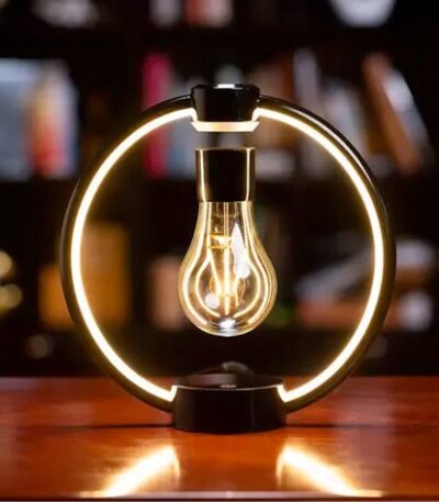 Ampoule LED décorative suspendue dans un cercle lumineux, idéale pour la décoration scientifique ou moderne. Éclairage chaud et ambiance chaleureuse pour un intérieur original.