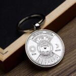 Porte-clés avec calendrier lunaire et solaire, design moderne et pratique, idéal pour les amateurs d'astronomie et de sciences naturelles.