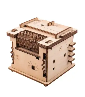 Coffre-fort mécanique en bois, jeu éducatif pour enfants, avec engrenages et serrure, idéal pour apprendre la mécanique et la sécurité.