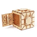 Accessoire scientifique en bois avec engrenages et compartiments.
