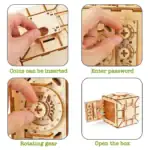 Mécanisme éducatif en bois avec rotation, insertion de pièces et ouverture de boîte, idéal pour apprendre la mécanique et la logique.