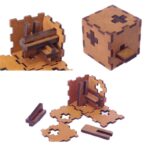 Puzzle en bois 3D avec coffre, cube de rangement et pièces détachées pour assembler un coffre et un cube décoratif. Idéal pour la décoration et le jeu éducatif.