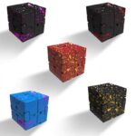 Cube scientifique décoratif avec éclaboussures colorées, idéal pour la décoration de bureau ou d'espace scientifique.