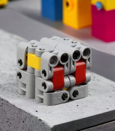 Modèle de robot éducatif en blocs LEGO, conçu pour l'apprentissage de la robotique et de la programmation, avec des pièces colorées et modulables.