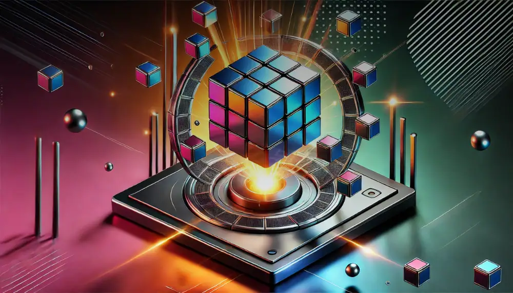 Cube de Rubik numérique en 3D avec effets lumineux, fond futuriste, illustration de science et technologie pour décoration ou collection.