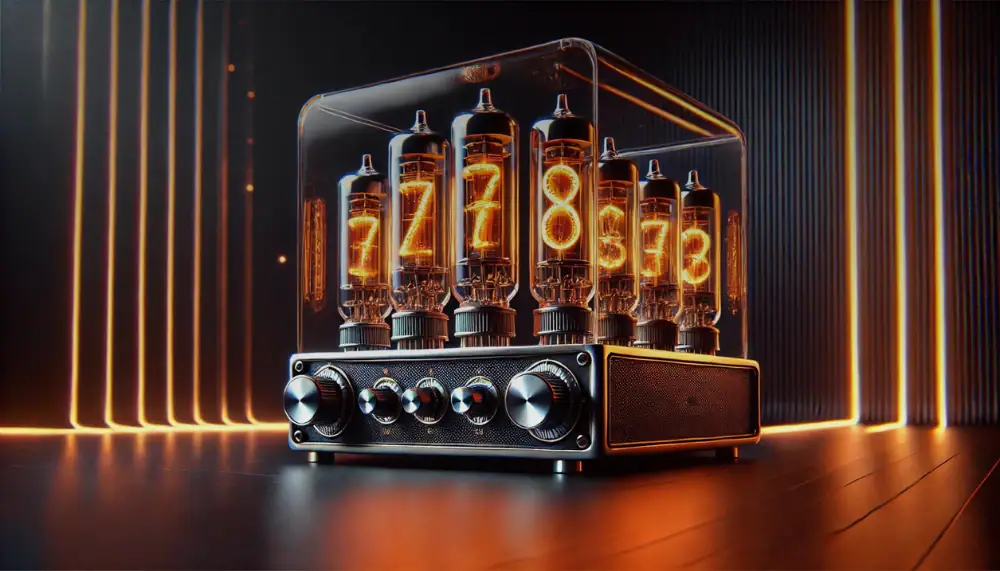 Horloge Nixie vintage avec tubes lumineux affichant l'heure, décoration rétro et scientifique pour intérieur moderne.