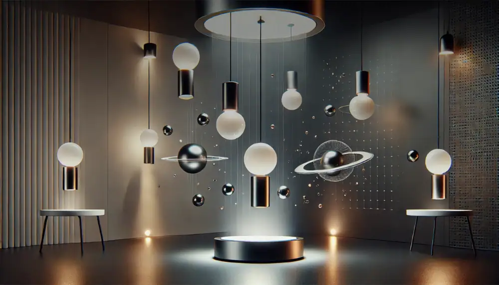 Décoration murale avec planètes et éléments spatiaux suspendus, idéale pour un univers scientifique ou cosmique.
