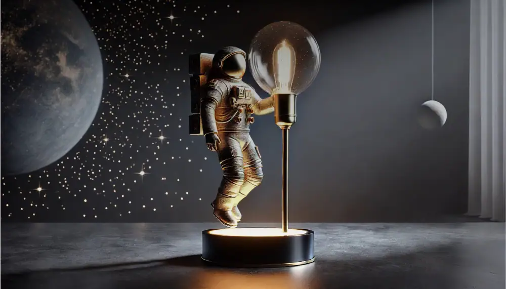 Un astronaute en combinaison spatiale semble tenir une ampoule lumineuse, créant une scène imaginative évoquant l'exploration spatiale et l'innovation.