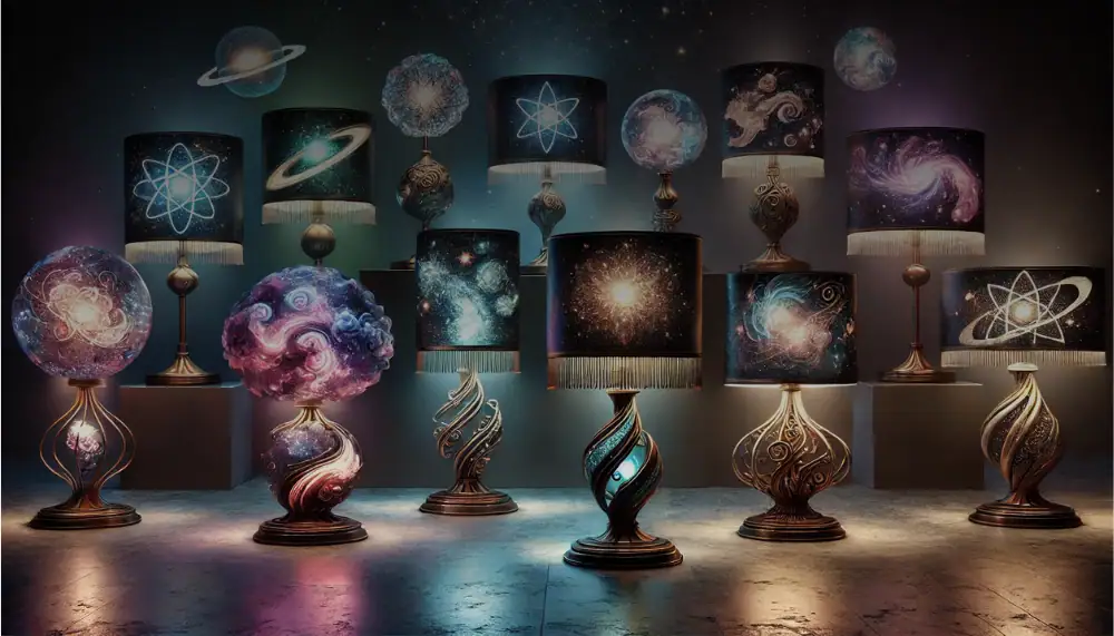 Lampe de bureau décorative avec motifs cosmiques, planètes et galaxies, idéale pour une décoration scientifique ou pour les amateurs d'astronomie.