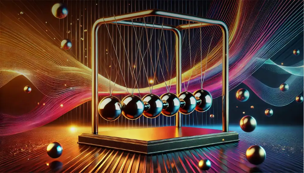 Pendentif de Newton en métal brillant suspendu dans un décor futuriste avec des sphères flottantes et des effets lumineux colorés.