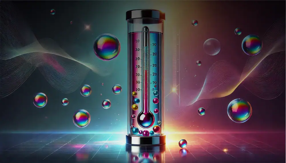 Vase scientifique transparent avec liquide coloré et bulles flottantes, ambiance futuriste et scientifique.