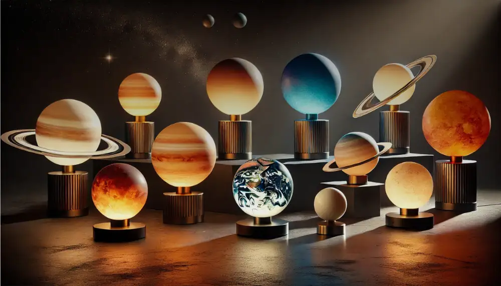 Collection de modèles de planètes du système solaire, incluant Mercure, Vénus, Terre, Mars, Jupiter, Saturne, Uranus, Neptune, et le Soleil, exposés sur des supports en bois.