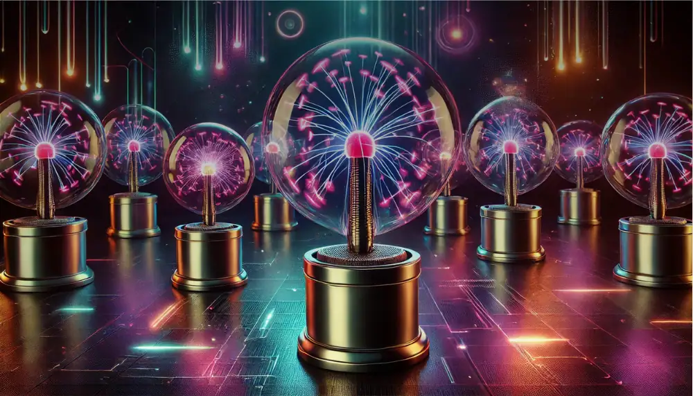Collection d'ampoules à plasma illuminées avec des effets lumineux colorés, créant une ambiance scientifique et technologique moderne.