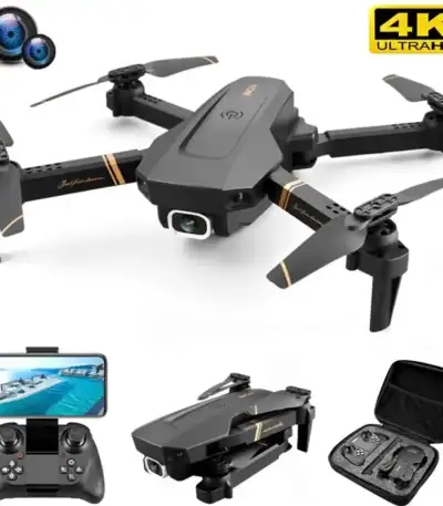Drone quadricoptère avec caméra 4K, contrôleur et étui de rangement, idéal pour la photographie aérienne et la vidéographie.