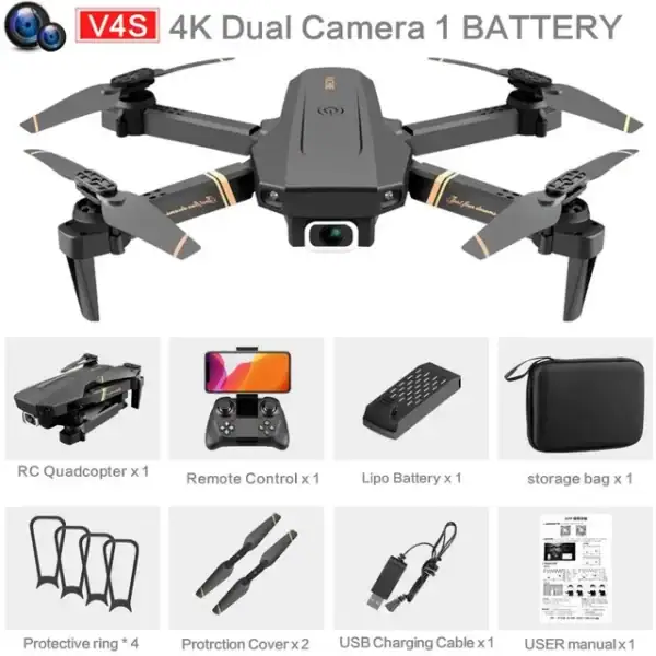Drone quadricoptère 4K avec batterie, télécommande, accessoires et sac de rangement pour prises de vue aériennes et loisirs.