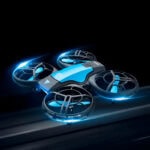 Drone FPV de course avec cadre léger, moteurs puissants et éclairage LED bleu pour vols rapides et précis.