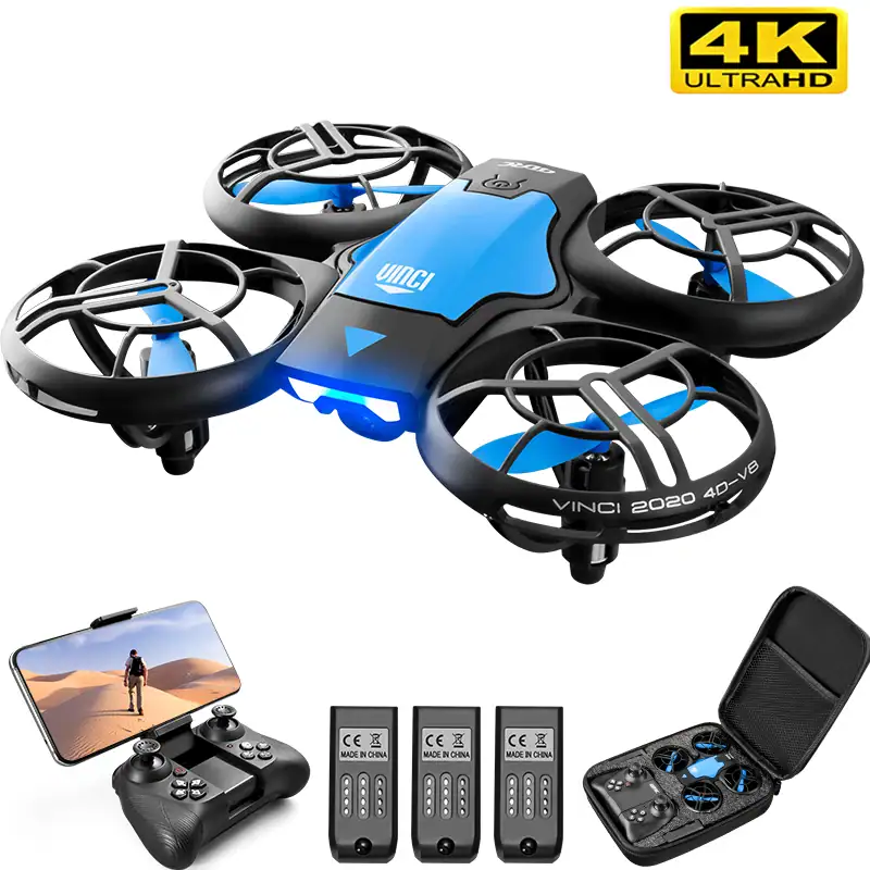 Drone quadricoptère avec caméra 4K, contrôleur et accessoires pour prises de vue aériennes, idéal pour la photographie et la vidéo en haute définition.