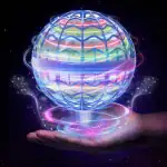 Sphère holographique scientifique flottante avec effets lumineux colorés, représentant la technologie et la science futuriste, en lévitation dans un espace étoilé.