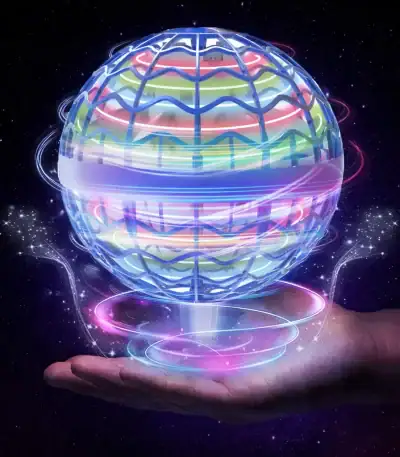 Sphère holographique scientifique flottante avec effets lumineux colorés, représentant la technologie et la science futuriste, en lévitation dans un espace étoilé.