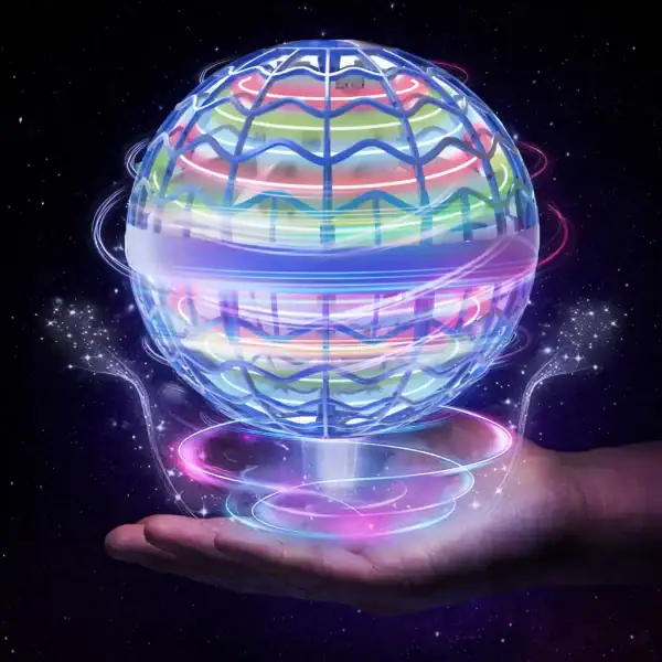 Sphère holographique scientifique flottante avec effets lumineux colorés, représentant la technologie et la science futuriste, en lévitation dans un espace étoilé.
