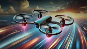 Drone de course high-tech avec lumières LED, survolant une ville illuminée à grande vitesse.