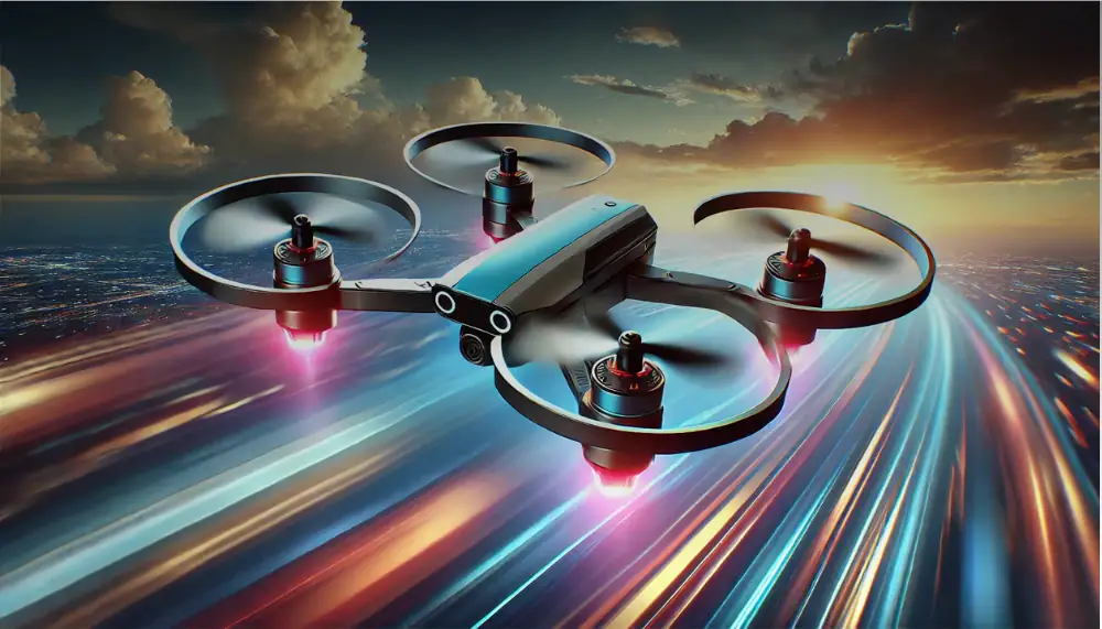 Drone de course high-tech avec lumières LED, survolant une ville illuminée à grande vitesse.