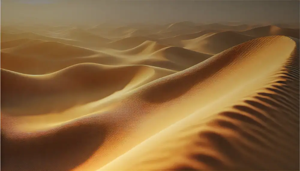 Vue de dunes de sable dorées sous un ciel au coucher du soleil, créant un paysage désertique apaisant et mystérieux.