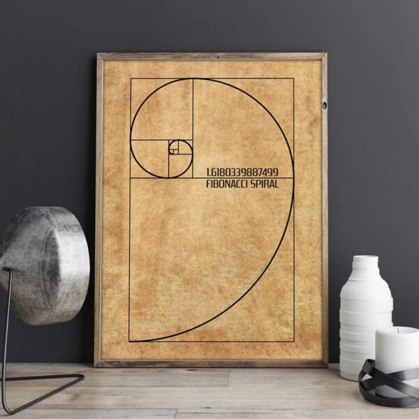 Tableau décoratif représentant la spirale de Fibonacci avec coordonnées et formule mathématique, idéal pour décoration scientifique ou éducative.