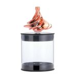 Vase décoratif en verre avec spirale métallique rose doré, idéal pour la décoration intérieure ou comme objet de collection scientifique.