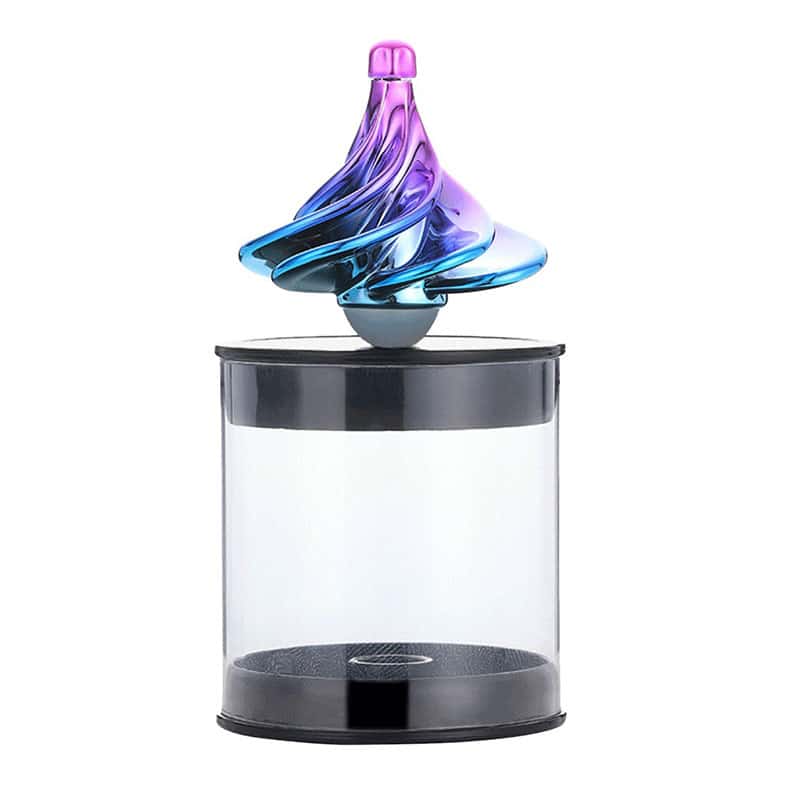 Pendentif en verre coloré avec design tourbillonnant, posé sur un support transparent, idéal pour la décoration scientifique ou comme objet de collection unique.