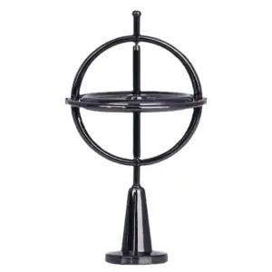 Support de décoration scientifique en métal noir, représentant un modèle d'orbite planétaire avec une plateforme centrale, idéal pour la décoration de bureau ou d'étagère.