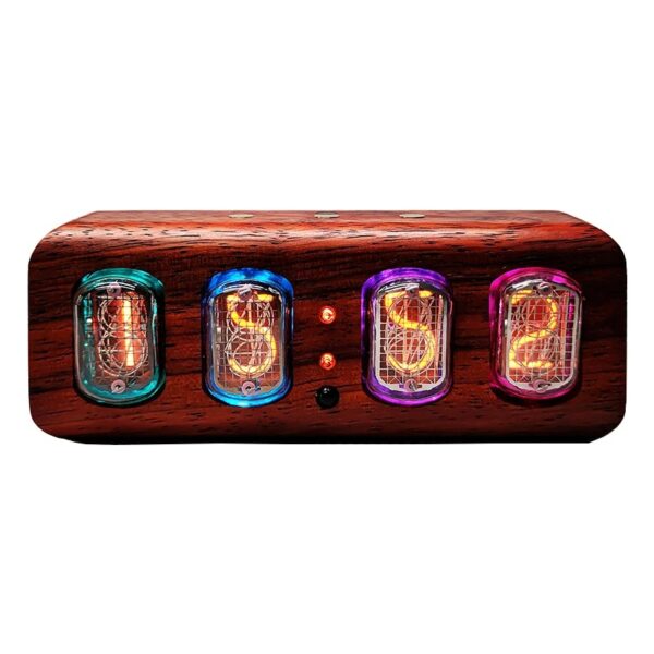 Porte-nombres Nixie en bois avec 4 tubes lumineux colorés, affichant des chiffres rétro, idéal pour la décoration scientifique ou vintage.