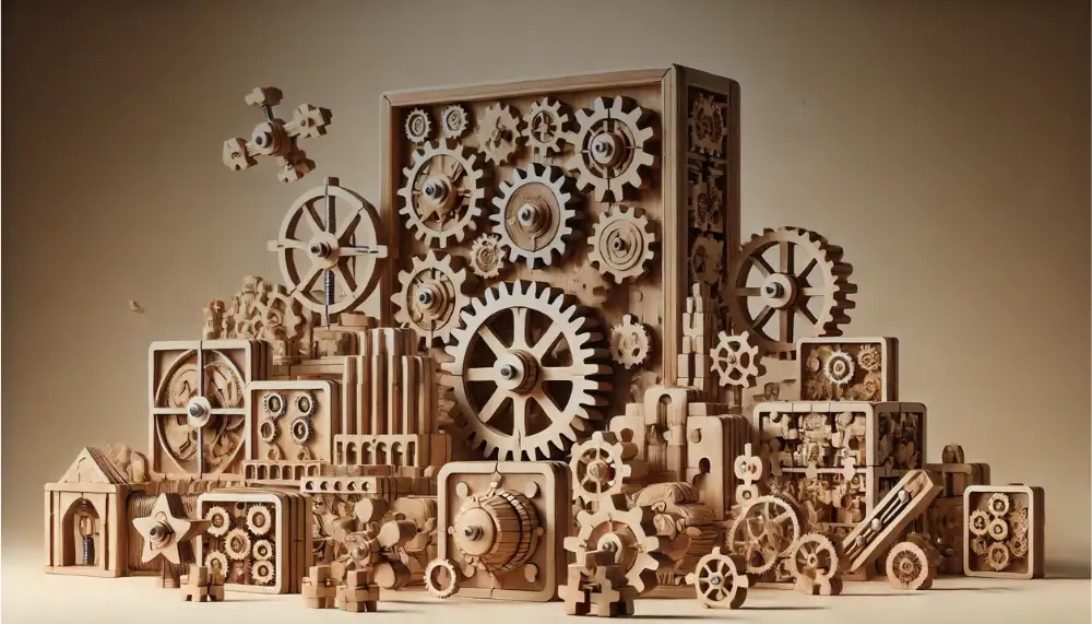 Ensemble de mécanismes en bois, comprenant engrenages, roues et pièces mécaniques, utilisé comme décoration ou objet scientifique.