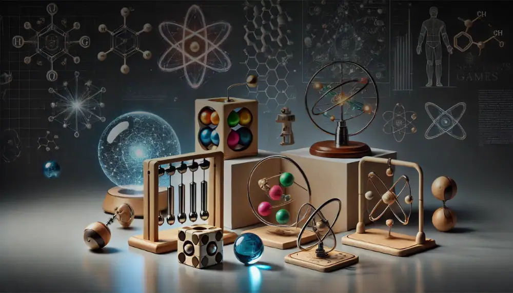 Collection d'objets scientifiques comprenant un modèle d'atome, un tableau périodique, un globe, et divers instruments de laboratoire, idéale pour la décoration et la collection.