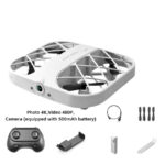 Drone avec caméra 4K, batterie 500mAh, télécommande, hélices de rechange, câble USB, outil de maintenance et filtre à air. Parfait pour la photographie aérienne et la découverte.