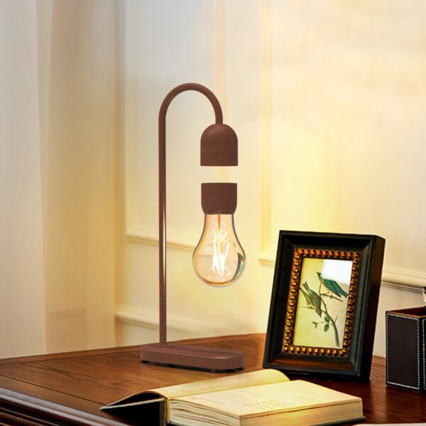 Lampe de bureau design en forme d'ampoule avec support en bois naturel, idéale pour une décoration scientifique ou moderne.