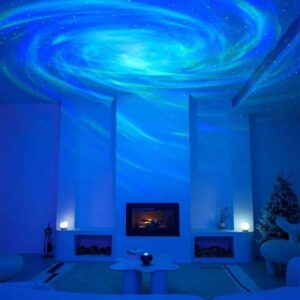 Baladez-vous dans un salon contemporain illuminé par un plafond représentant une galaxie étoilée projetée, créant une ambiance immersive et relaxante.